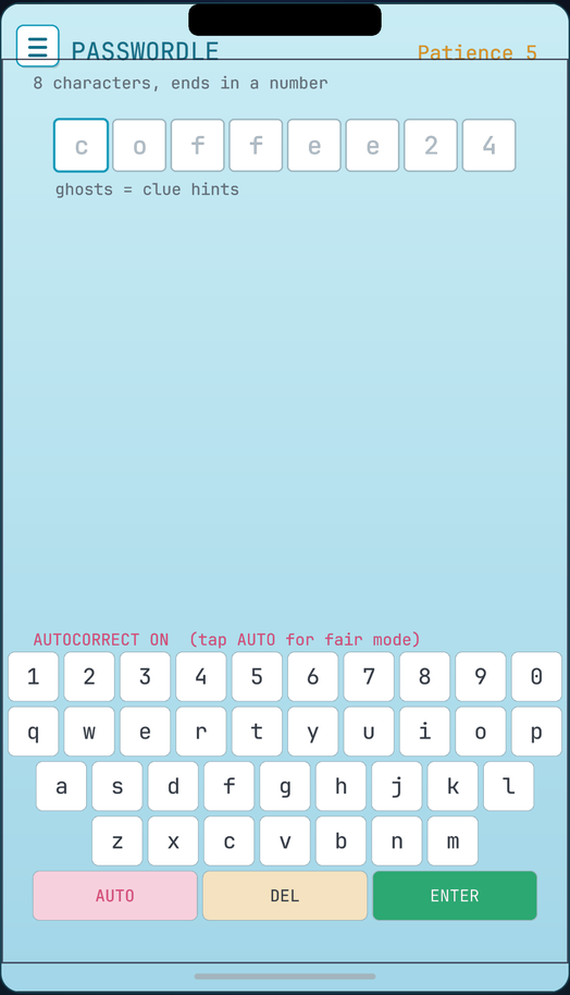 Passwordle in the live build — clue ghosts guide you, the keyboard is quietly out to get you, patience ticks down.