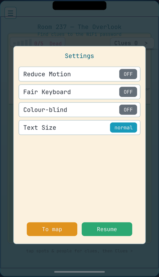 The in-game Settings overlay: touch toggles for Reduce Motion, Fair Keyboard, Colour-blind and Text Size, plus To map and Resume.